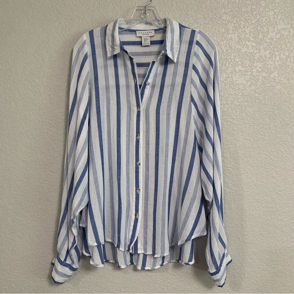 Calypso Shirt Top Womens XL Linen Blend Striped Lightweight Preppy Beach Coastal